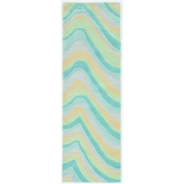 8' Ocean Blue Beige Hand Tufted Abstract Waves Indoor Runner Rug