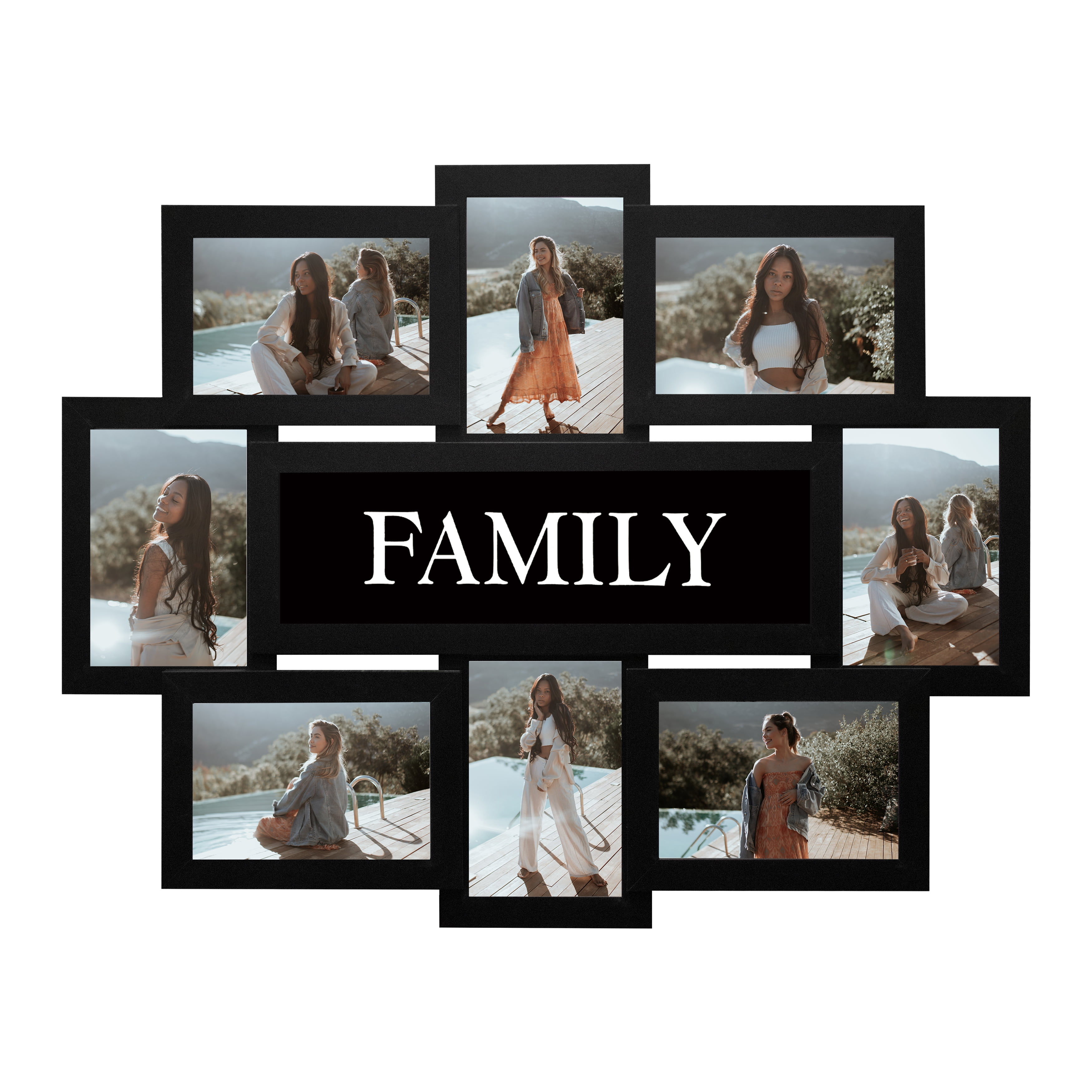 8 Opening Photo Frame Reunion Family picture frames 17" x 22" Wall Hanging 6" x 4" Black Gallery