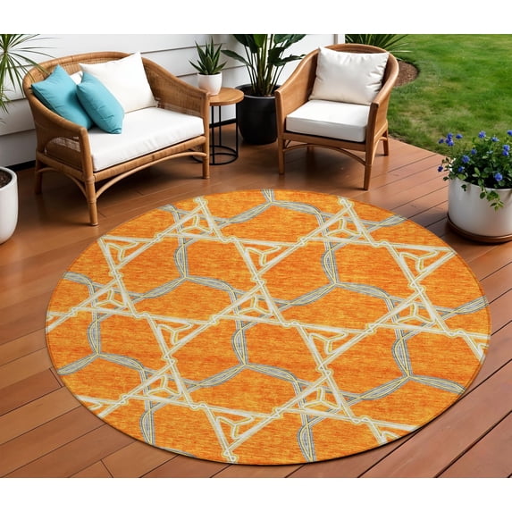 HomeRoots 613514 8 ft. Orange & Blue Round Geometric Washable Indoor & Outdoor Area Rug