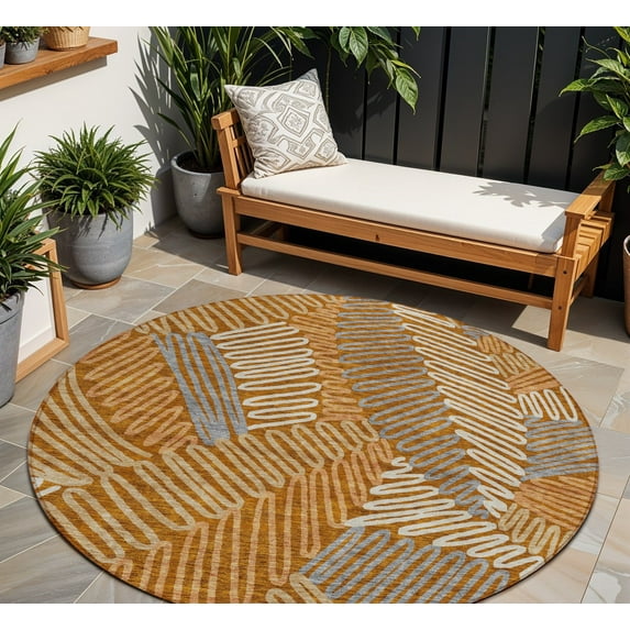 HomeRoots 593976 8 ft. Orange, Beige & Gray Round Floral Washable Indoor & Outdoor Area Rug