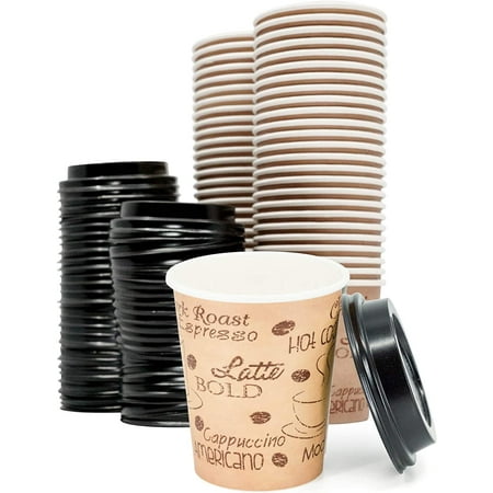 8 Ounce Disposable Paper Coffee Hot Cups with Black Lids - 50 Sets - Double Shot Espresso Macchiato Lungo Coffee To Go Medium Portion
