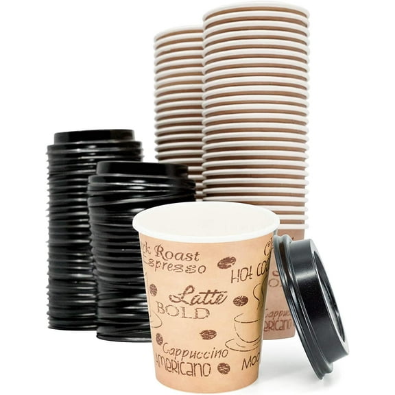 8 Ounce Disposable Paper Coffee Hot Cups with Black Lids - 50 Sets - Double Shot Espresso Macchiato Lungo Coffee To Go Medium Portion