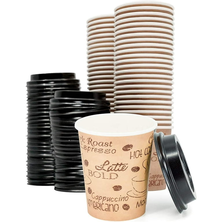8 Ounce Disposable Paper Coffee Hot Cups with Black Lids - 50 Sets
