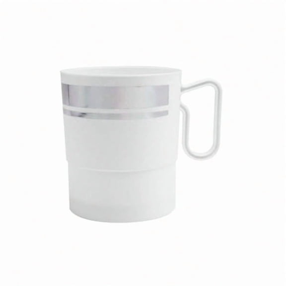 8-Ounce Hard Plastic Coffee Cup/Tea Mug with Handle, 20-Count, White W/Silver Rim
