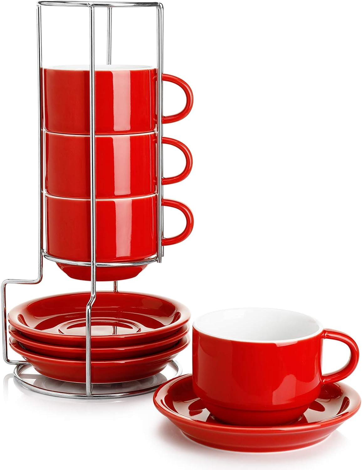 Lareina 3-Ounce Espresso Cups With Saucers, Spoons And Metal Stand, Small Stackable Coffee Cups Set Of 4, Ceramic Demitasse Mugs, White