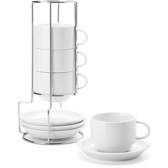 8 Ounce Porcelain Stackable Cappuccino Cups with Saucers and Metal Stand - for Specialty Coffee Drinks, Cappuccino, Latte, Americano and Tea - Set of 4, White