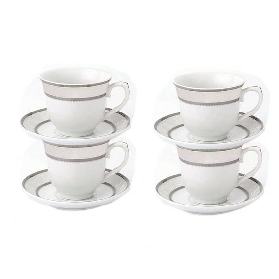 8 Ounces Silver Porcelain Tea/Coffee Set (4-piece set) This charming 4-piece porcelain tea/coffee cup and saucer set is housed in a beautiful, elegant rectangular black box. It is suitable for 4 peop