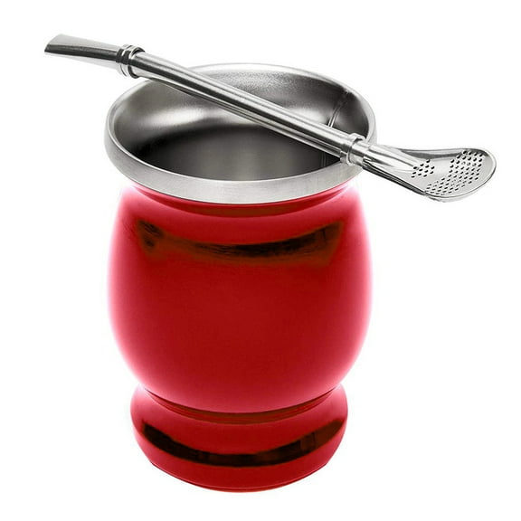8 Ounces Yerba Mate Tea Cup and Bombilla Filter Straw Spoon Set Gourd Shaped Double-Walled Stainless Steel Thermal Insulation Cup Easy Clean