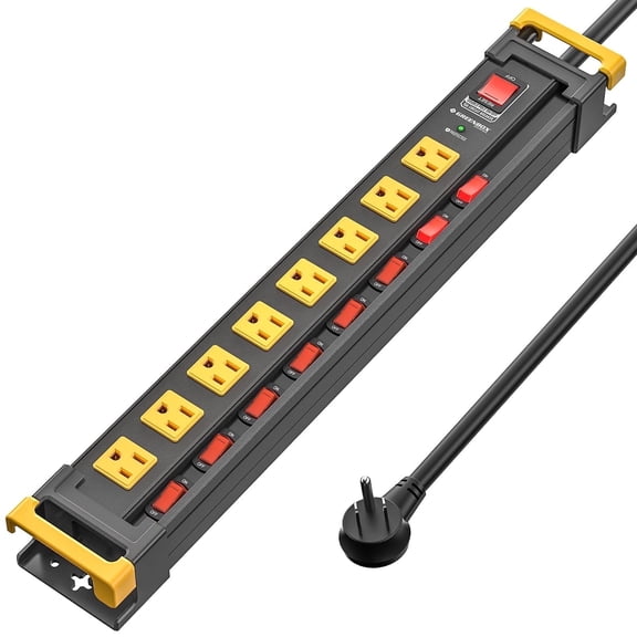 8 Outlet Heavy Duty Power Strip with Individual Switches, 3300J Metal Surge Protector Power Strip with Flat Plug, 15A Circuit Breaker, Wide Spaced, Cord Management, 6Ft Cord