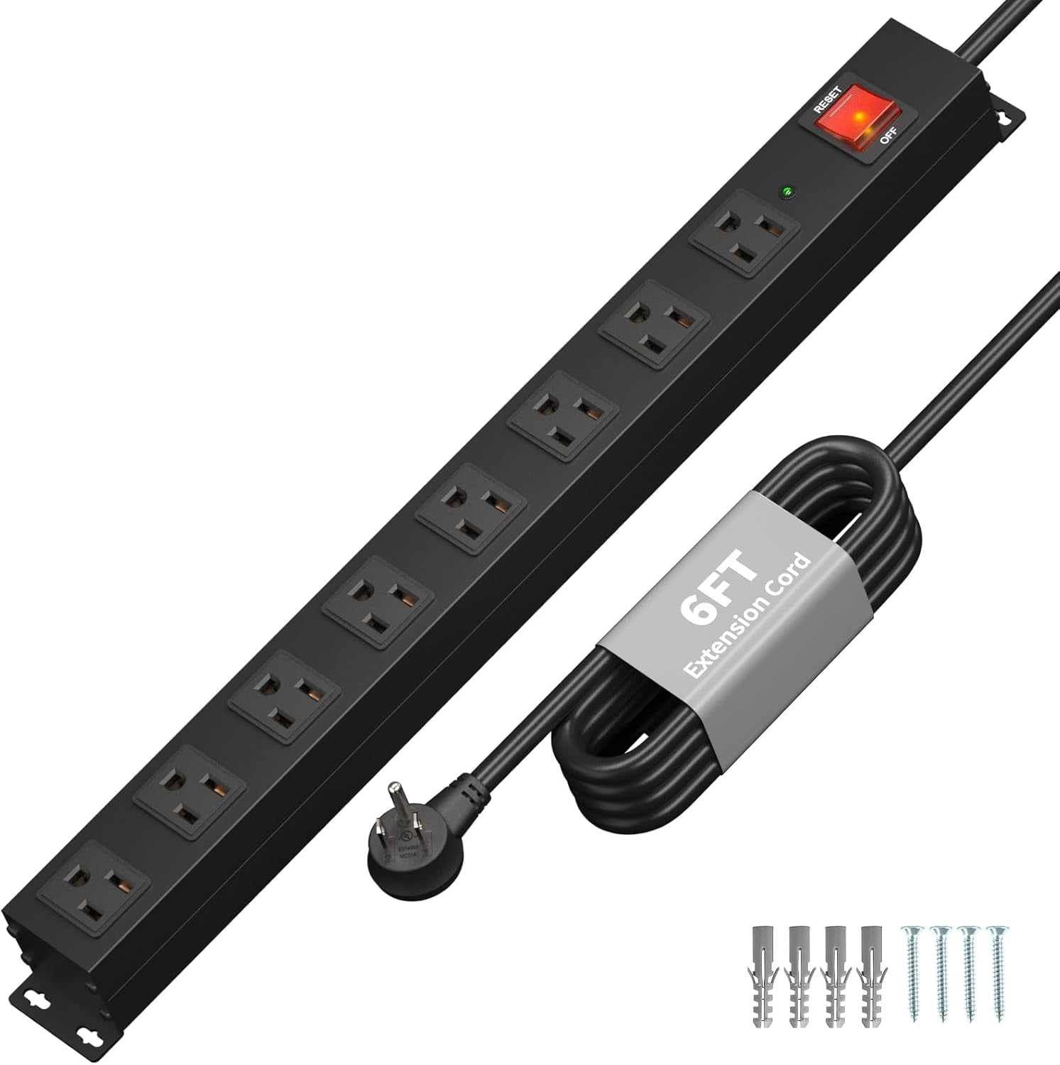 8 Outlet Heavy Duty Power Strip Surge Protector, 2100J Protection Metal Strip, 15A/1875W Mountable Strips with Upgraded Switch, 14AWG 6FT Extension Cord, Black