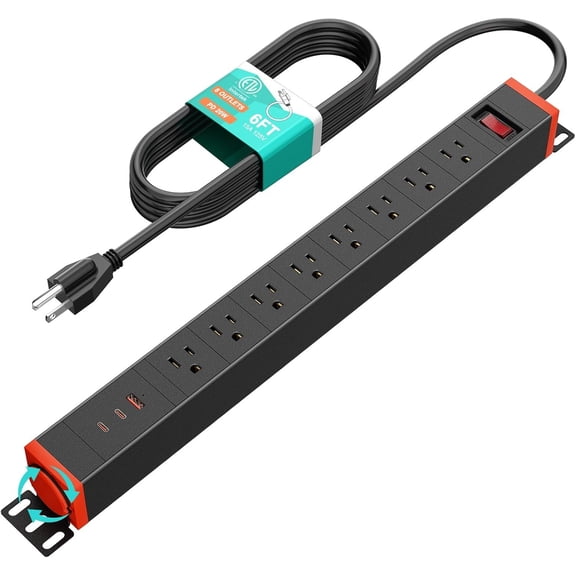 8 Outlet Heavy Duty Power Strip with USB Ports, Rack Mount Surge Protector with 360? Rotating Brackets, USB C PD 20W, Wall Mount Power Strip for Office Garage Workshop