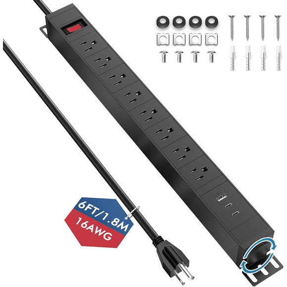 8 Outlet Metal Wall Mount Power Strip,360 Rotatable Mounting,PD 20W USB C Fast Charging,Surge Protector Powerstrip with 6FT Cords,15A 1875W, for Home Office Industrial Garage Commercial
