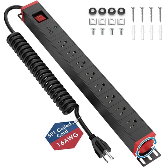 8 Outlet Rack Mount PDU Power Strip, SPD, 1200J Surge Protection & 15A Overload , 360? Rotating Mounting,Fits 19'' Network Server Rack, 5FT Coiled Cord, 1U RackMount