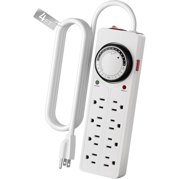 8 Outlet Surge Protector with Mechanical Timer, 4 Timed & 4 Always-On Outlets, ETL Listed, 4ft Cord, 1875W, for Aquarium, Grow Lights, Christmas Decor, White