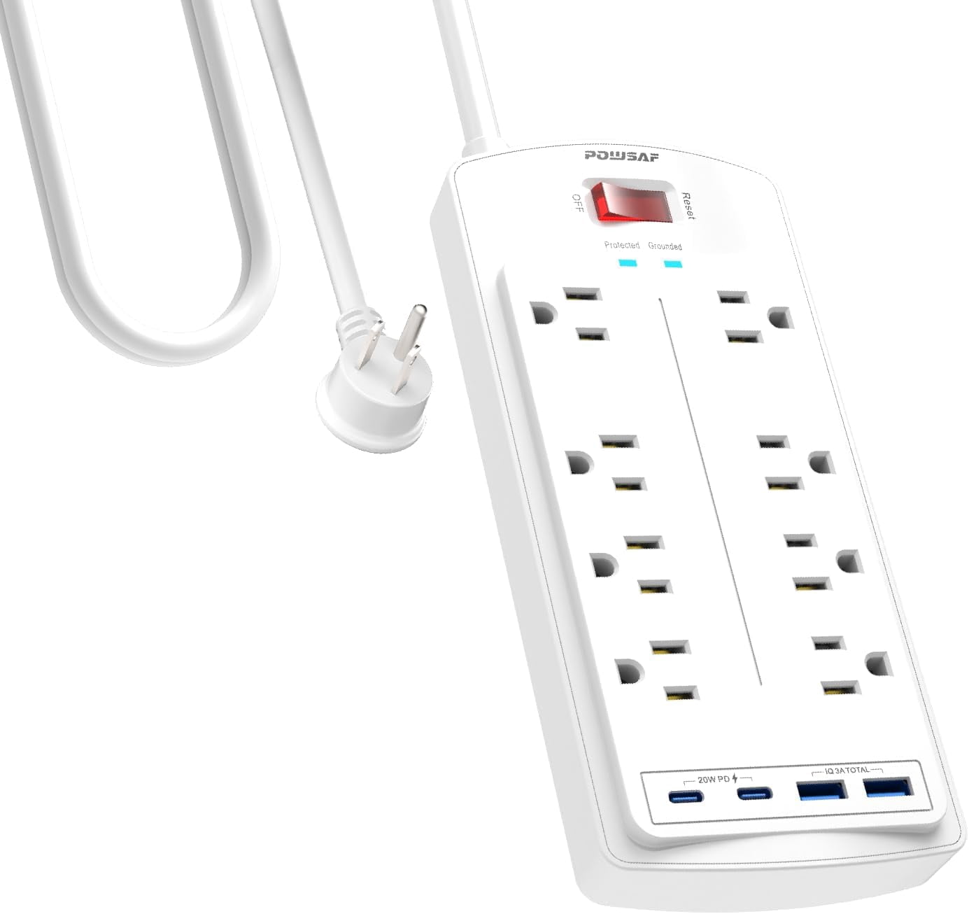8-Outlet Sur Protector Power Strip, 10Ft Flat Plug Extension Cord with 2 USB-C (PD 20W) Fast Charging Ports and 2 USB-A Ports for Home, Office, 2700 Joules, ETL, White