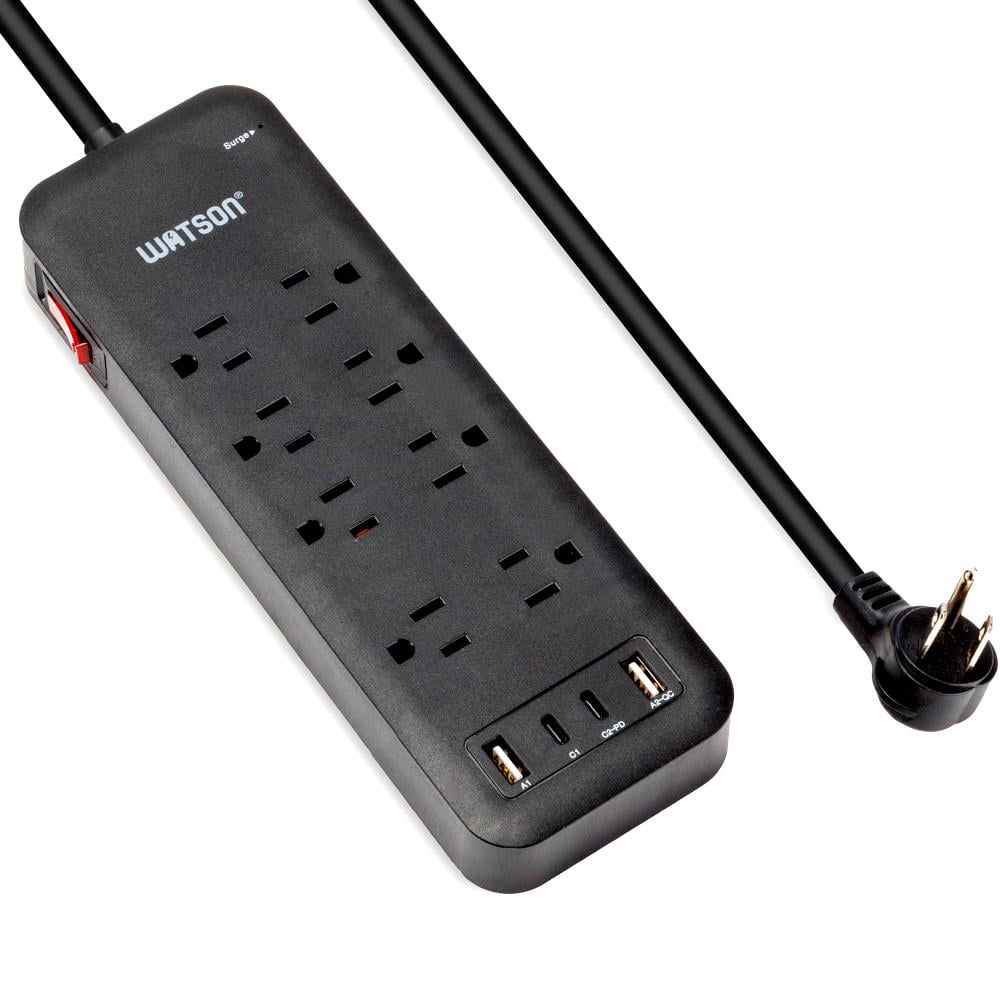 8-Outlet Surge Protector with 4 USB Ports, 2450 Joules, 6' Cord, LED Indicator – Power Strip for Home and Office Use by Watson (Black)