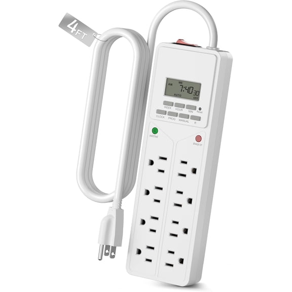 8 Outlet Surge Protector with 7-Day Digital Timer (4 Outlets Timed, 4 Outlets Always On) - White