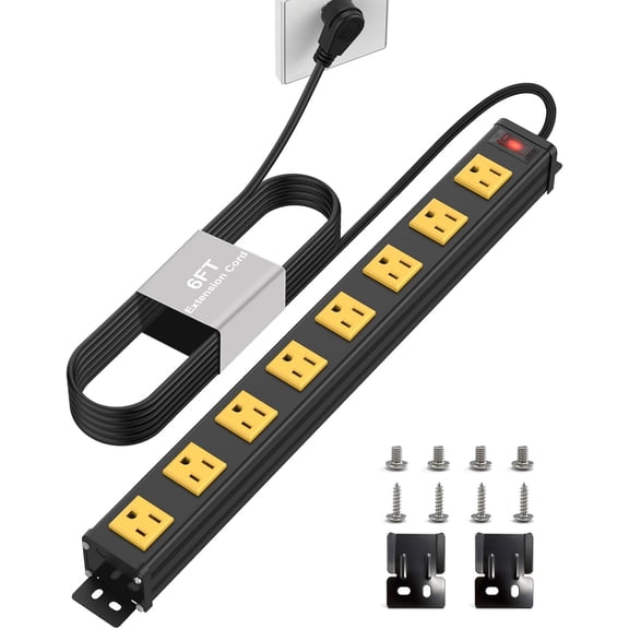 8 Outlet Wall Mount Metal Power Strip, 1.97 Inch Wide Spacing Flat Plug, 6FT 14AWG Extension Cord with Switch, 15A 1875W ETL Listed for Gara, Workshop, Home