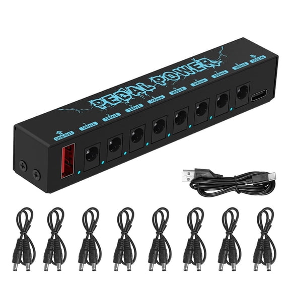 8 Output Isolated Guitar Pedalboard Power Supply, 100mA/300mA Switchable With Noise Reduction, 5V/2.1A USB Charging Port For Electric Guitar Bass Effect Pedals, Metal Case