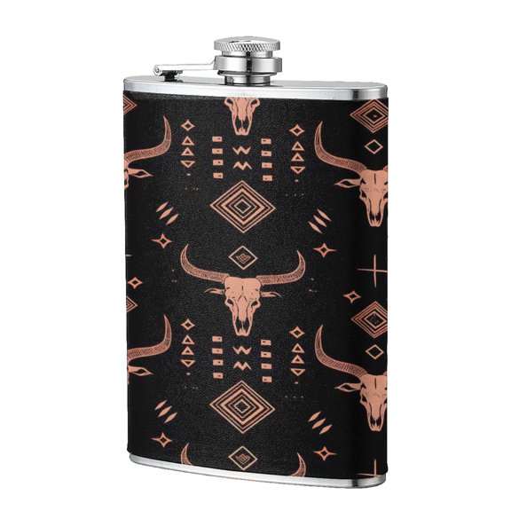 8 Oz Flagon Stainless Steel Leather Hip Flask Compact Pocket Size Leak Proof Seal For Camping Hiking Beach Party Gift For Men Art African Tribal Motifs Water Buffalo Skulls