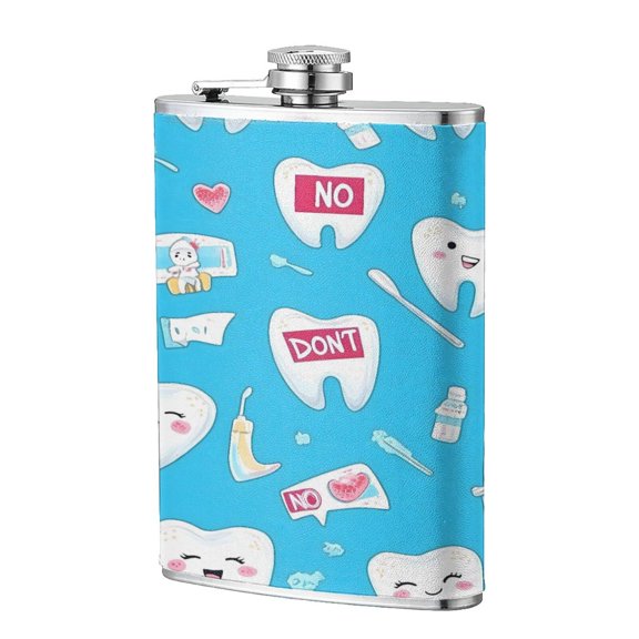 8 Oz Flagon Stainless Steel Leather Hip Flask Compact Pocket Size Leak Proof Seal For Camping Hiking Beach Party Gift For Men Cartoon Toothbrush, Toothpaste And Toothpick Elements (4)