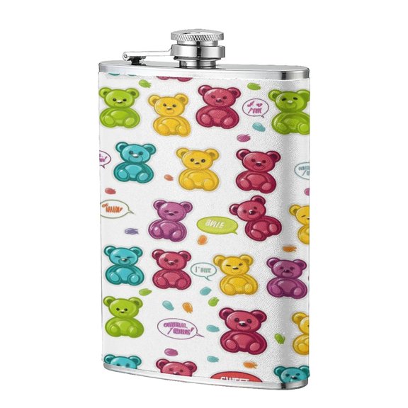 8 Oz Flagon Stainless Steel Leather Hip Flask Compact Pocket Size Leak Proof Seal For Camping Hiking Beach Party Gift For Men Colorful Gummy Bears Candies Jelly Sweets