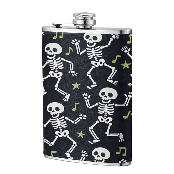 8 Oz Flagon Stainless Steel Leather Hip Flask Compact Pocket Size Leak Proof Seal For Camping Hiking Beach Party Gift For Men Dancing Skeleton Halloween Pattern