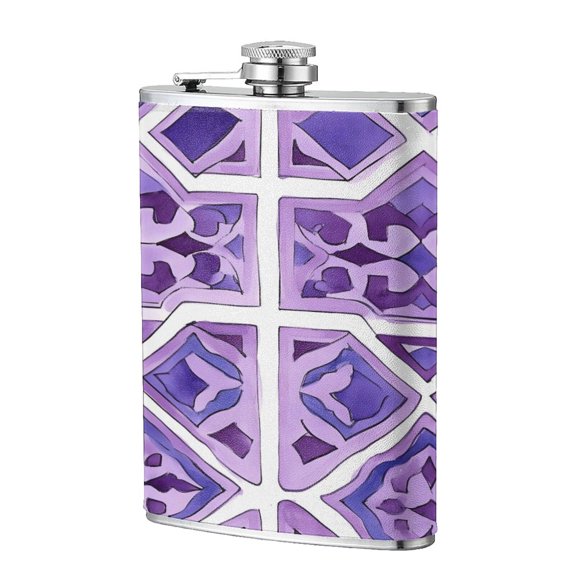 8 Oz Flagon Stainless Steel Leather Hip Flask Compact Pocket Size Leak Proof Seal For Camping Hiking Beach Party Gift For Men Mediumpurple Moroccan Trellis Hand-Drawn Sketch_3