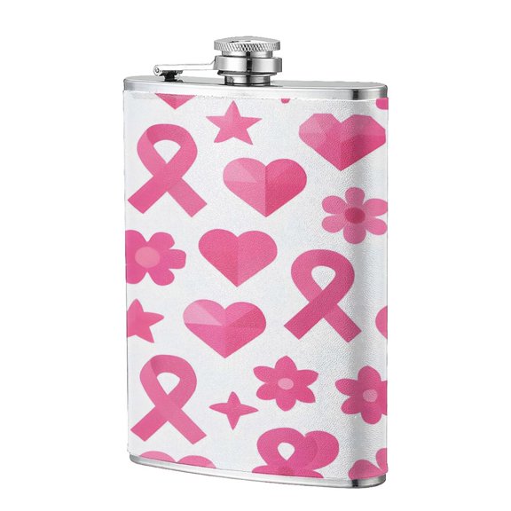 8 Oz Flagon Stainless Steel Leather Hip Flask Compact Pocket Size Leak Proof Seal For Camping Hiking Beach Party Gift For Men Modern Pink Ribbon Pattern With Geometric Elements