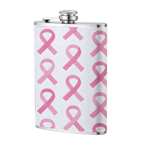 8 Oz Flagon Stainless Steel Leather Hip Flask Compact Pocket Size Leak Proof Seal For Camping Hiking Beach Party Gift For Men Modern Pink Ribbon Pattern