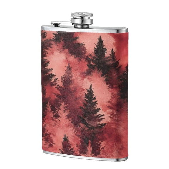 8 Oz Flagon Stainless Steel Leather Hip Flask Compact Pocket Size Leak Proof Seal For Camping Hiking Beach Party Gift For Men Realistic Forests Camouflage Pattern Conifer Maroon_4