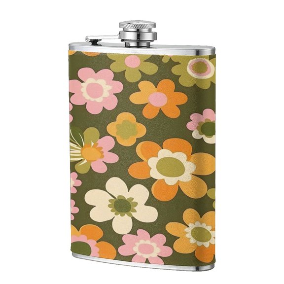 8 Oz Flagon Stainless Steel Leather Hip Flask Compact Pocket Size Leak Proof Seal For Camping Hiking Beach Party Gift For Men Retro Groovy Flowers Pattern (3)