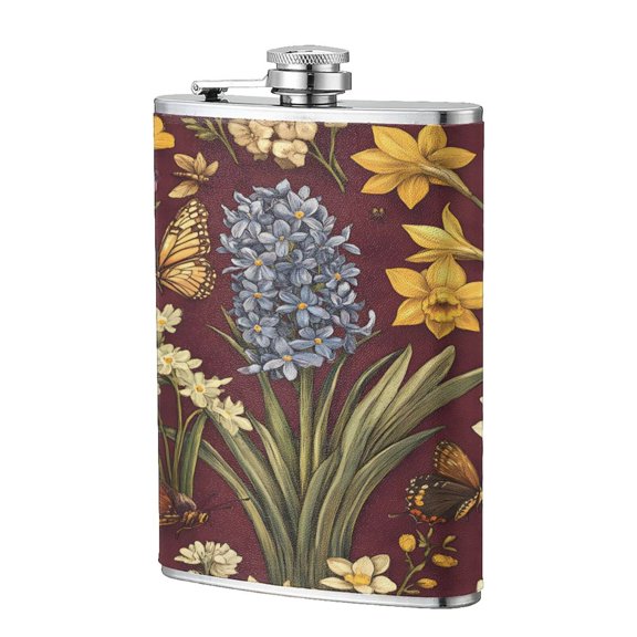 8 Oz Flagon Stainless Steel Leather Hip Flask Compact Pocket Size Leak Proof Seal For Camping Hiking Beach Party Gift For Men Spring Flowers Hyacinths Daffodil Butterflies Bees