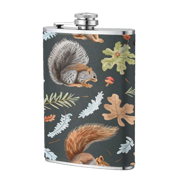 8 Oz Flagon Stainless Steel Leather Hip Flask Compact Pocket Size Leak Proof Seal For Camping Hiking Beach Party Gift For Men Squirrels In The Forests (4)
