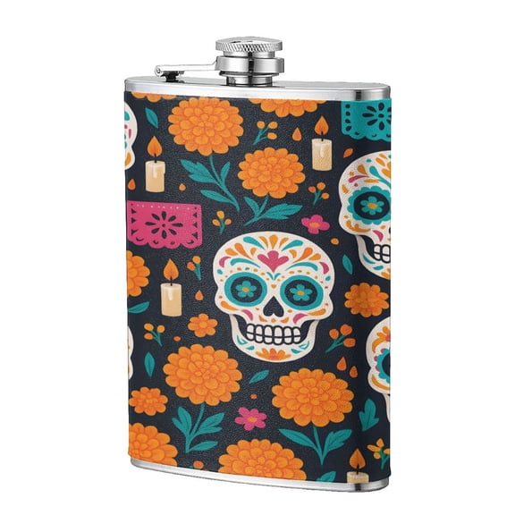 8 Oz Flagon Stainless Steel Leather Hip Flask Compact Pocket Size Leak Proof Seal For Camping Hiking Beach Party Gift For Men Sugar Skull Halloween Pattern