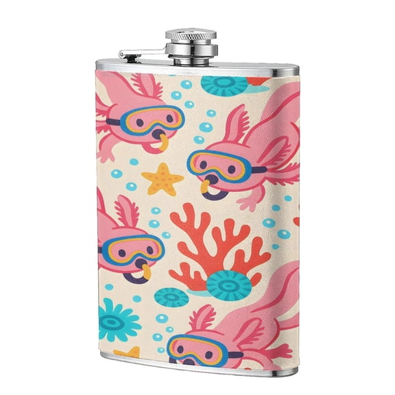 8 Oz Flagon Stainless Steel Leather Hip Flask Compact Pocket Size Leak Proof Seal For Camping Hiking Beach Party Gift For Men Tropical Reef Axolotls - Bright Vacation
