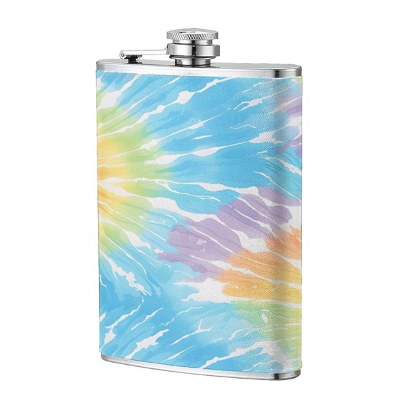 8 Oz Flagon Stainless Steel Leather Hip Flask Compact Pocket Size Leak Proof Seal For Camping Hiking Beach Party Gift For Men Turquoise Tie Dye Background Rainbow Colors_3