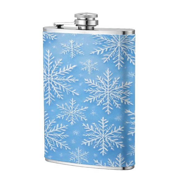 8 Oz Flagon Stainless Steel Leather Hip Flask Compact Pocket Size Leak Proof Seal For Camping Hiking Beach Party Gift For Men Winter Snowflake Pattern
