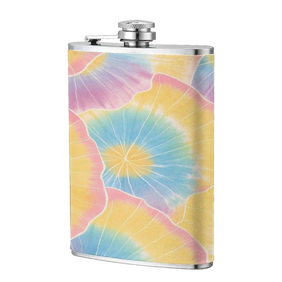 8 Oz Flagon Stainless Steel Leather Hip Flask Compact Pocket Size Leak Proof Seal For Camping Hiking Beach Party Gift For Men Yellow Tie-Dye Background Rainbow Colors_3