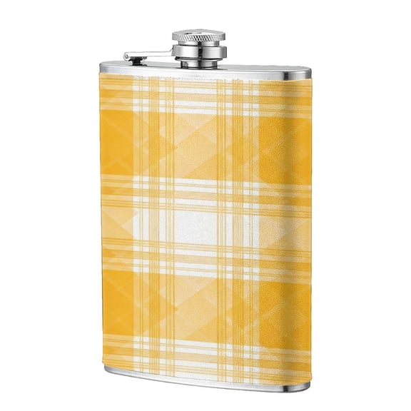 8 Oz Flagon Stainless Steel Leather Hip Flask Compact Pocket Size Leak Proof Seal For Camping Hiking Beach Party Gift For Men Yellow And White Checkered Pattern (2)