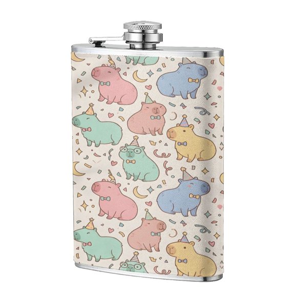 8 Oz Flagon Stainless Steel Leather Hip Flask Compact Pocket Size Leak Proof Seal For Camping Hiking Beach Party Gift For Men Capybara Pattern 3