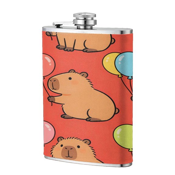 8 Oz Flagon Stainless Steel Leather Hip Flask Compact Pocket Size Leak Proof Seal For Camping Hiking Beach Party Gift For Men Capybara With Balloon