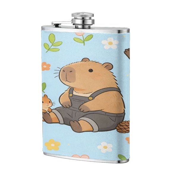 8 Oz Flagon Stainless Steel Leather Hip Flask Compact Pocket Size Leak Proof Seal For Camping Hiking Beach Party Gift For Men Capybaras And Squirrels