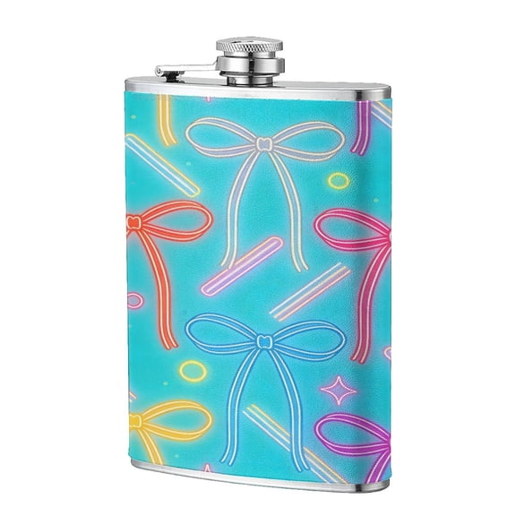 8 Oz Flagon Stainless Steel Leather Hip Flask Compact Pocket Size Leak Proof Seal For Camping Hiking Beach Party Gift For Men Fluorescent Bow