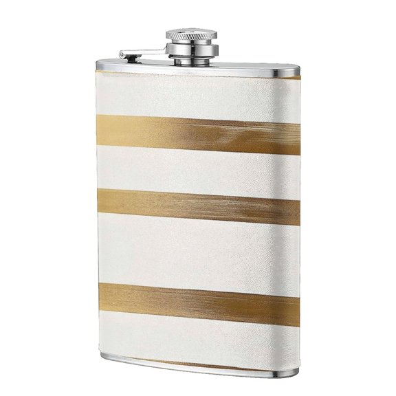 8 Oz Flagon Stainless Steel Leather Hip Flask Compact Pocket Size Leak Proof Seal For Camping Hiking Beach Party Gift For Men Gold Stripe_3