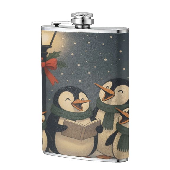 8 Oz Flagon Stainless Steel Leather Hip Flask Compact Pocket Size Leak Proof Seal For Camping Hiking Beach Party Gift For Men Happy Penguin
