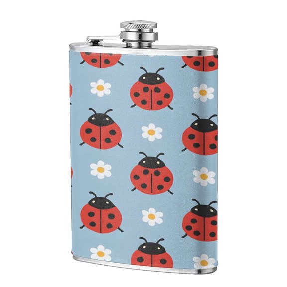 8 Oz Flagon Stainless Steel Leather Hip Flask Compact Pocket Size Leak Proof Seal For Camping Hiking Beach Party Gift For Men Ladybug And Daisy