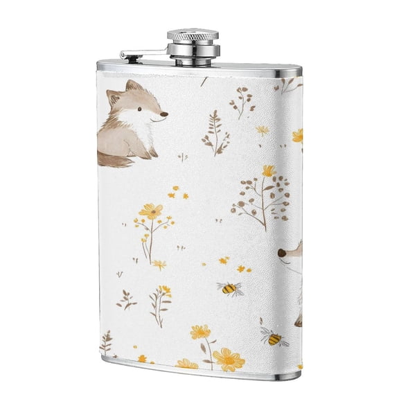 8 Oz Flagon Stainless Steel Leather Hip Flask Compact Pocket Size Leak Proof Seal For Camping Hiking Beach Party Gift For Men Little Fox