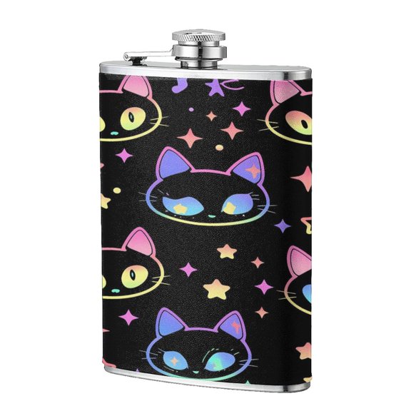 8 Oz Flagon Stainless Steel Leather Hip Flask Compact Pocket Size Leak Proof Seal For Camping Hiking Beach Party Gift For Men Neon-Colored Cat