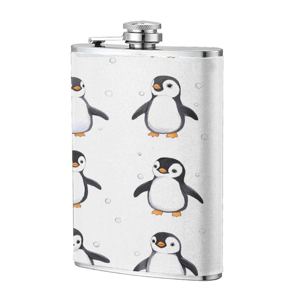 8 Oz Flagon Stainless Steel Leather Hip Flask Compact Pocket Size Leak Proof Seal For Camping Hiking Beach Party Gift For Men Penguin